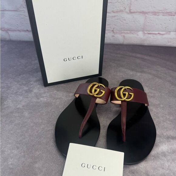 Authentic Gucci Bordeaux Gg Marmont Leather Thongs 37 - Picture 13 of 14